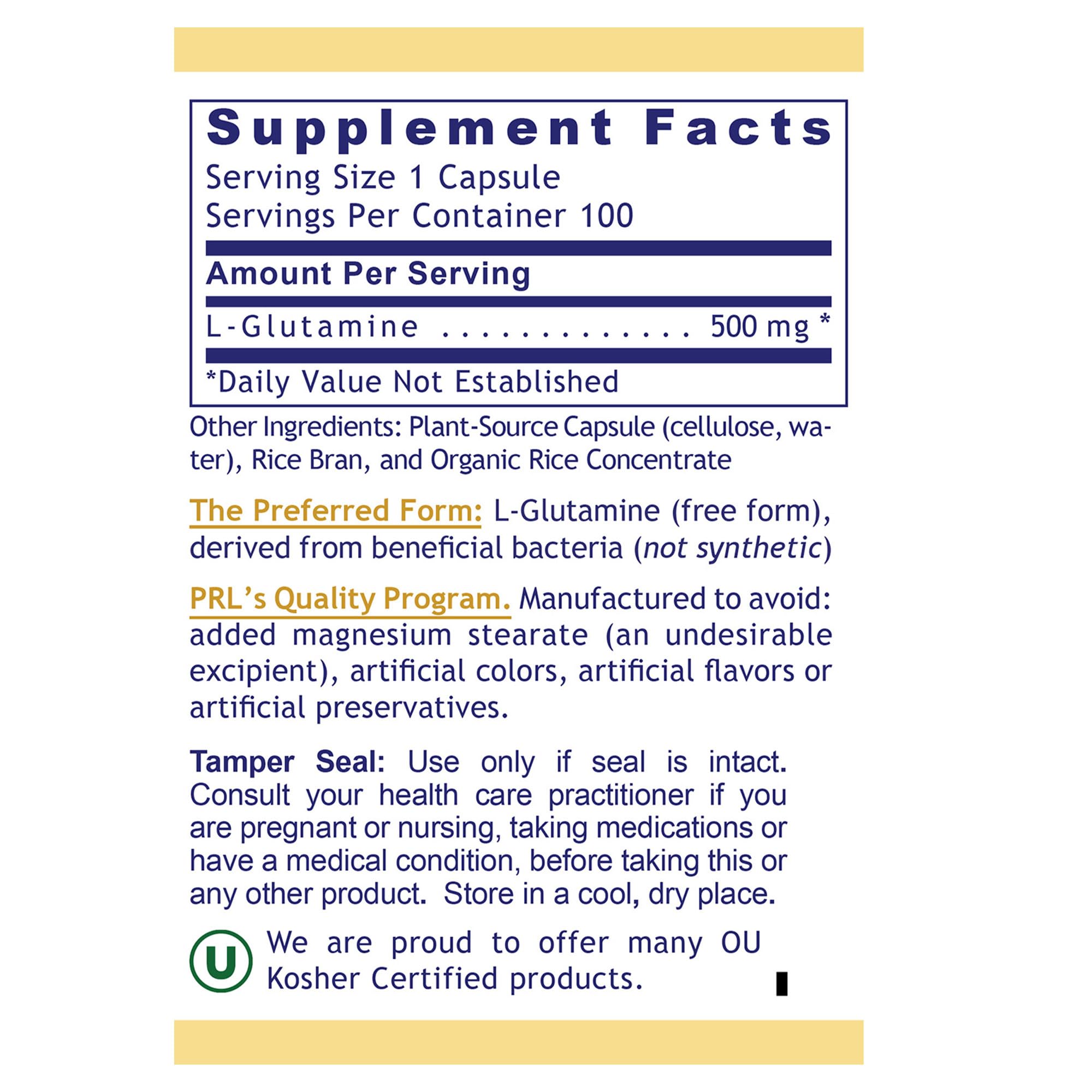Premier Glutamine capsules in bottle showing non-prescription supplement.