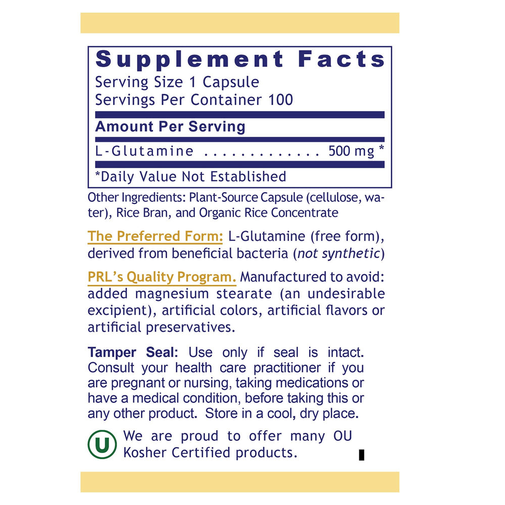 Premier Glutamine capsules in bottle showing non-prescription supplement.