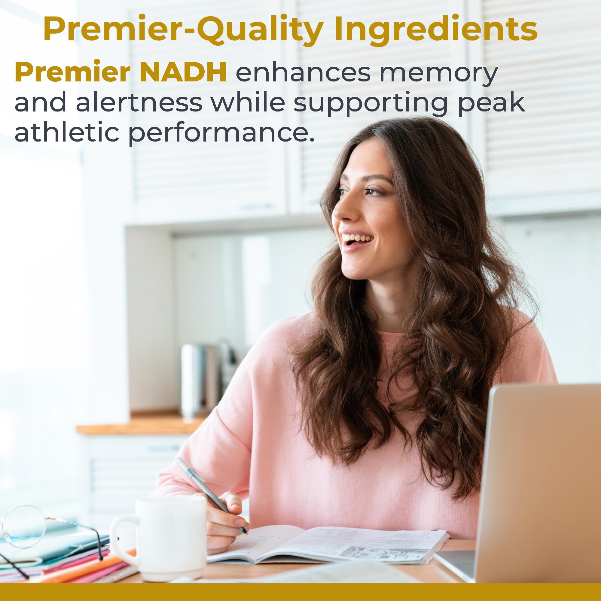 Premier Research Labs NADH capsules closeup, easy-to-swallow vegetarian capsules
