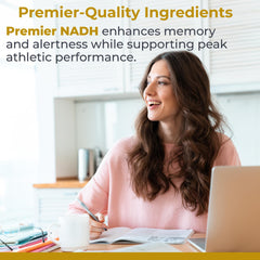 Premier Research Labs NADH capsules closeup, easy-to-swallow vegetarian capsules