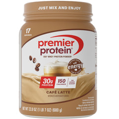 Premier Protein Café Latte canister showing rich powder for a coffee-flavored protein boost.