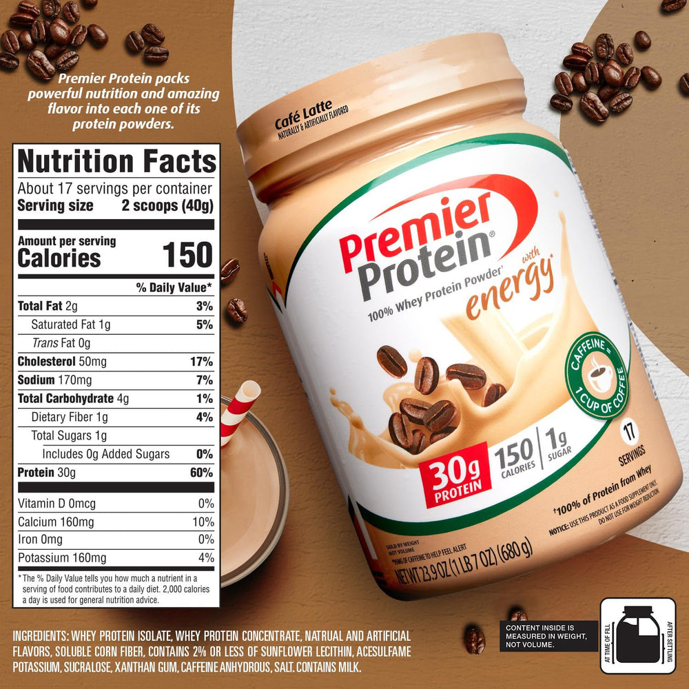Premier Protein Café Latte cup displays versatile use from shakes to blended recipes.