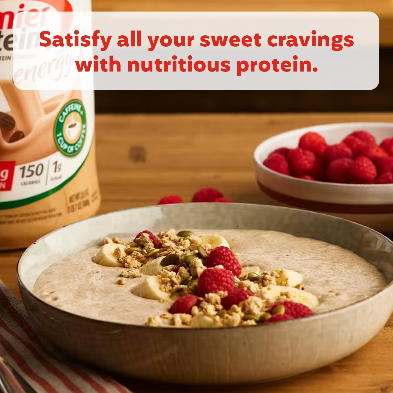 Premier Protein Café Latte packaging box communicates gluten-free and soy-free credentials.