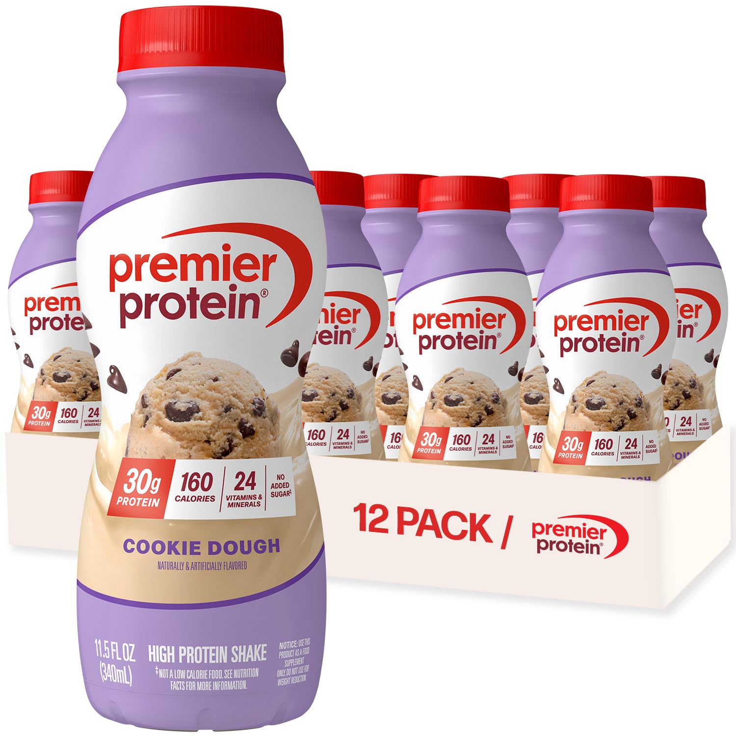 Premier Protein Cookie Dough shake bottle showing 30g protein and 1g sugar per serving