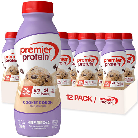 Premier Protein Cookie Dough shake bottle showing 30g protein and 1g sugar per serving