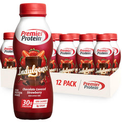 Premier Protein Indulgence Chocolate Covered Strawberry bottle showing creamy flavor and 30g protein