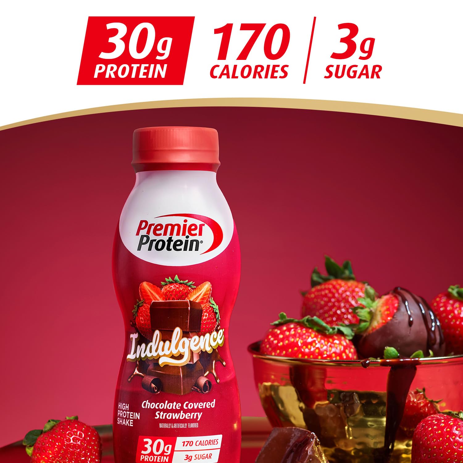 Smooth Premier Protein Indulgence shake in a glass with strawberry garnish