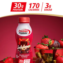 Smooth Premier Protein Indulgence shake in a glass with strawberry garnish