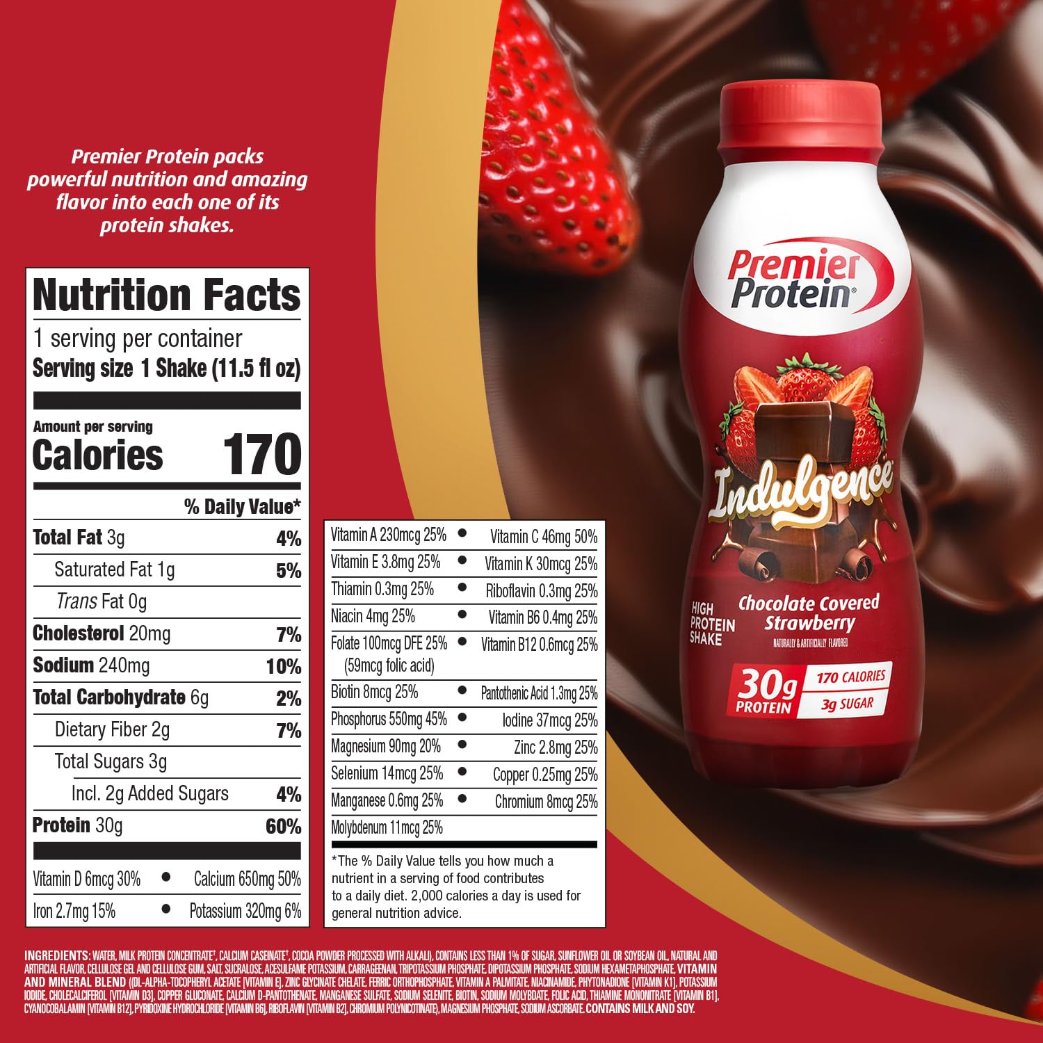 Pouring Premier Protein Indulgence Chocolate Covered Strawberry shake for a rich, protein-packed treat
