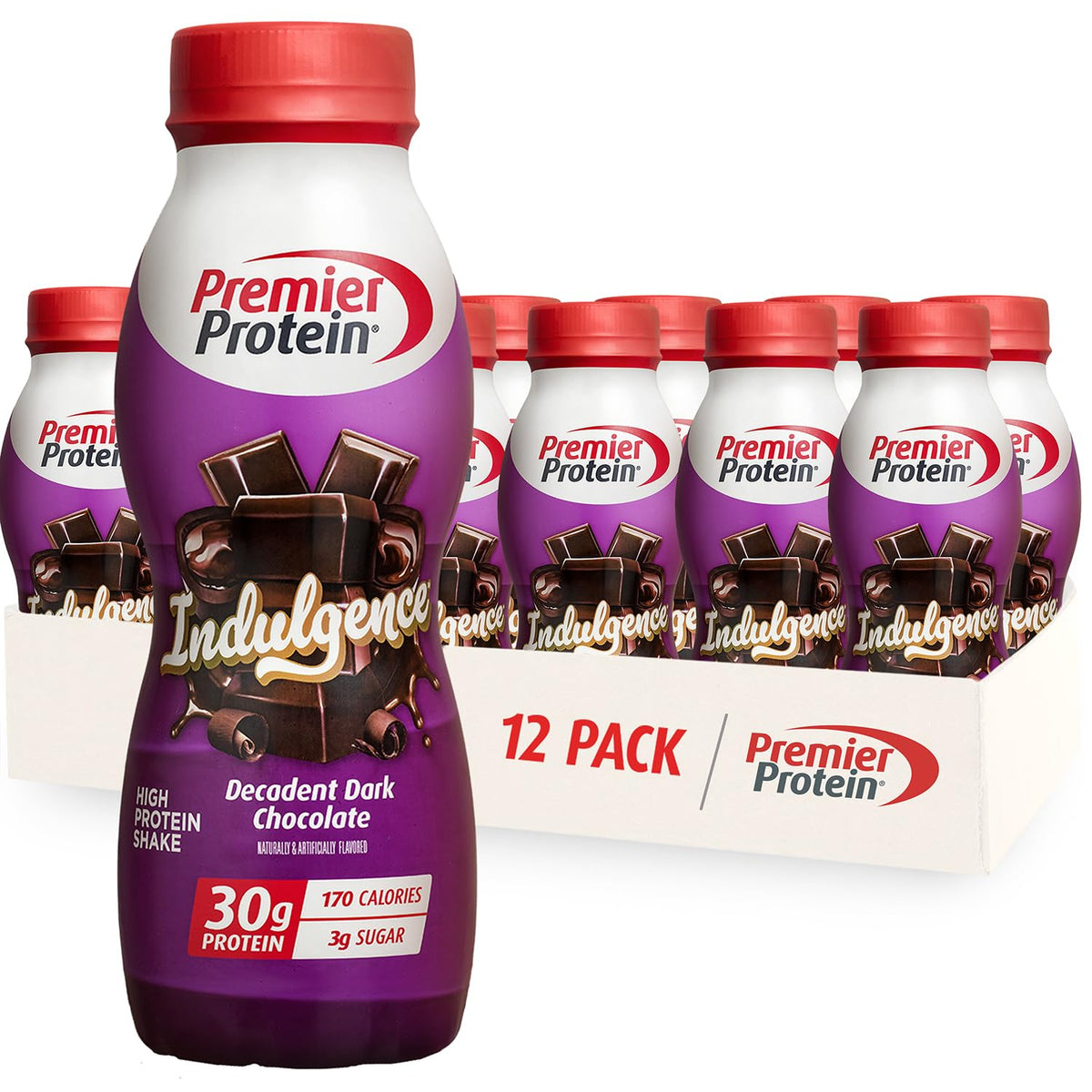Premier Protein Indulgence Dark Chocolate bottle shows a protein-forward shake