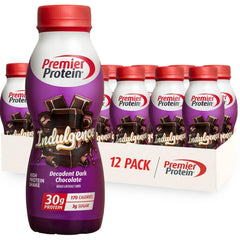 Premier Protein Indulgence Dark Chocolate bottle shows a protein-forward shake