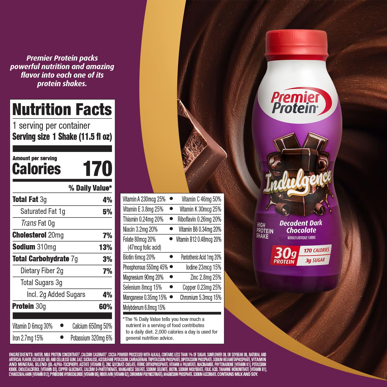 Premier Protein Indulgence Dark Chocolate pour into glass for a satisfying snack