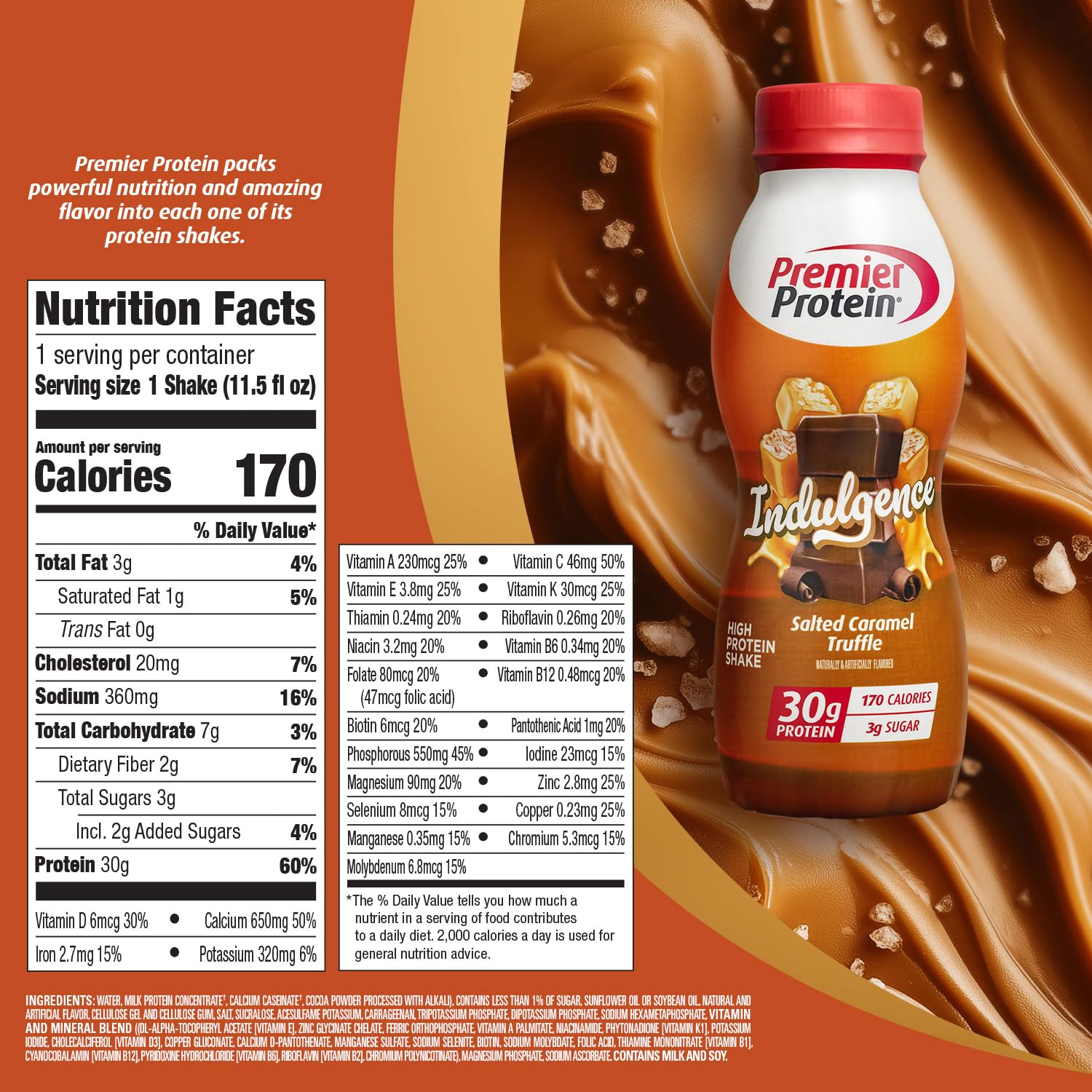 Premier Protein Indulgence salted caramel truffle glass with creamy shake ideal for a snack.