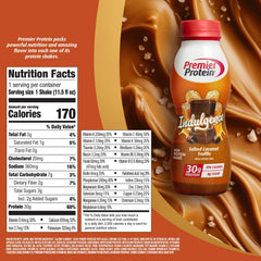 Premier Protein Indulgence salted caramel truffle glass with creamy shake ideal for a snack.