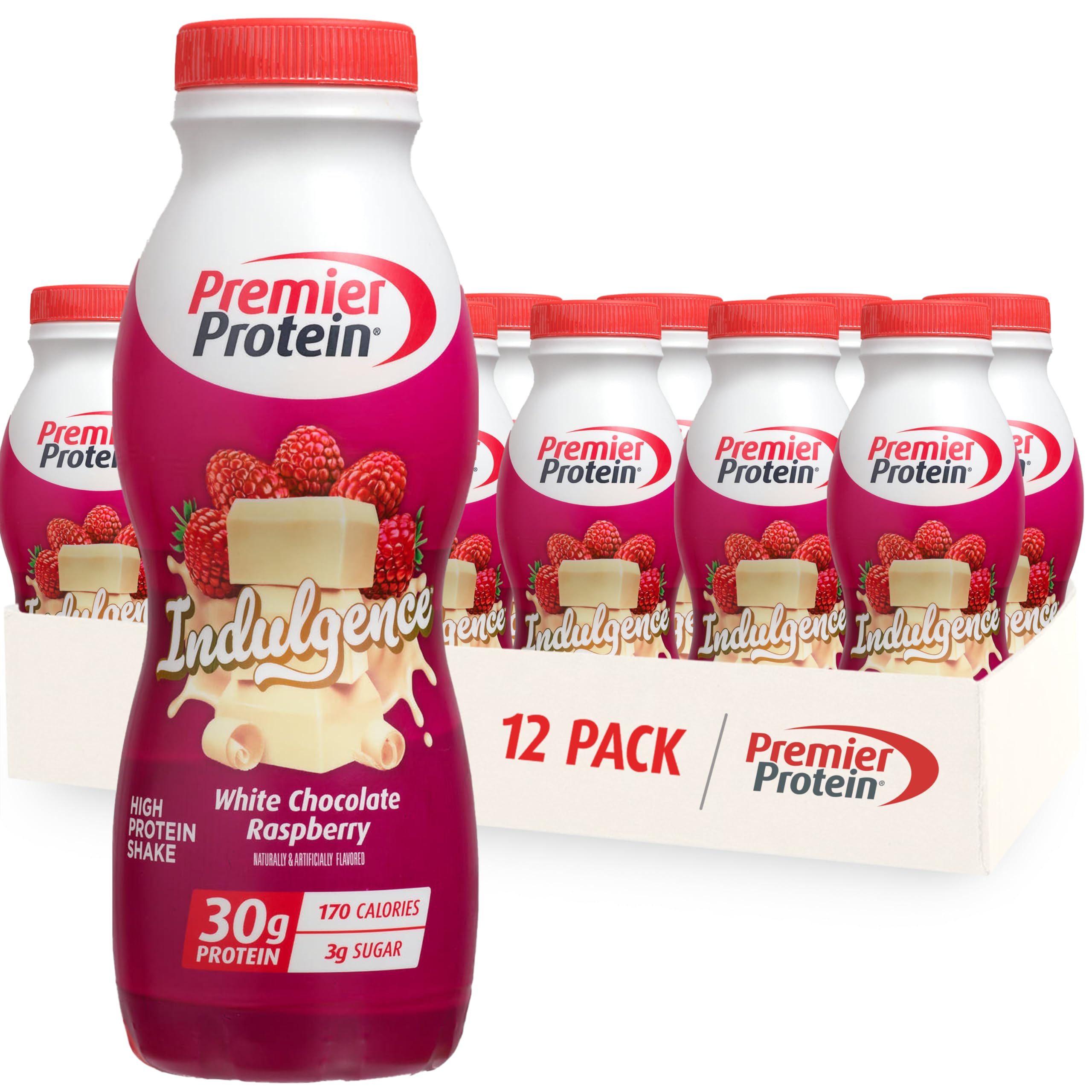 Premier Protein Indulgence White Chocolate Raspberry bottle front, protein-rich shake for on-the-go fueling