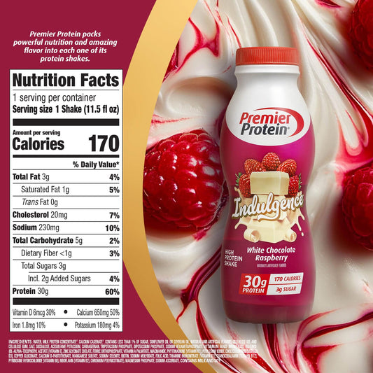 Premier Protein Indulgence White Chocolate Raspberry nutrition label highlights 30g protein per bottle
