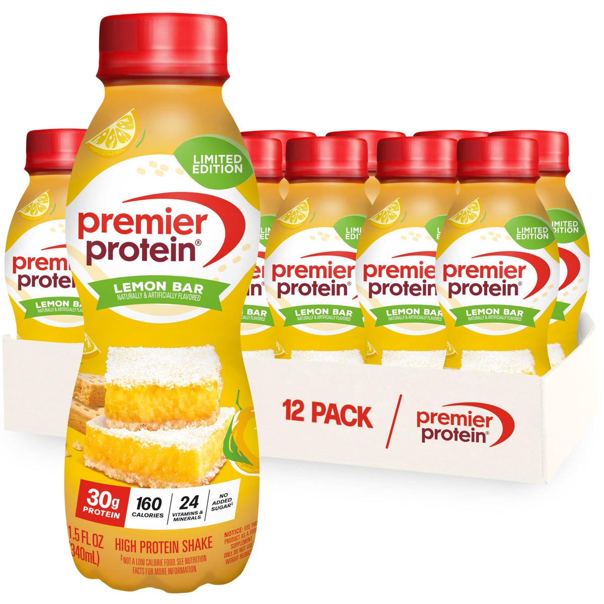 Premier Protein Lemon Bar bottle showing a citrus shake for post-workout fueling
