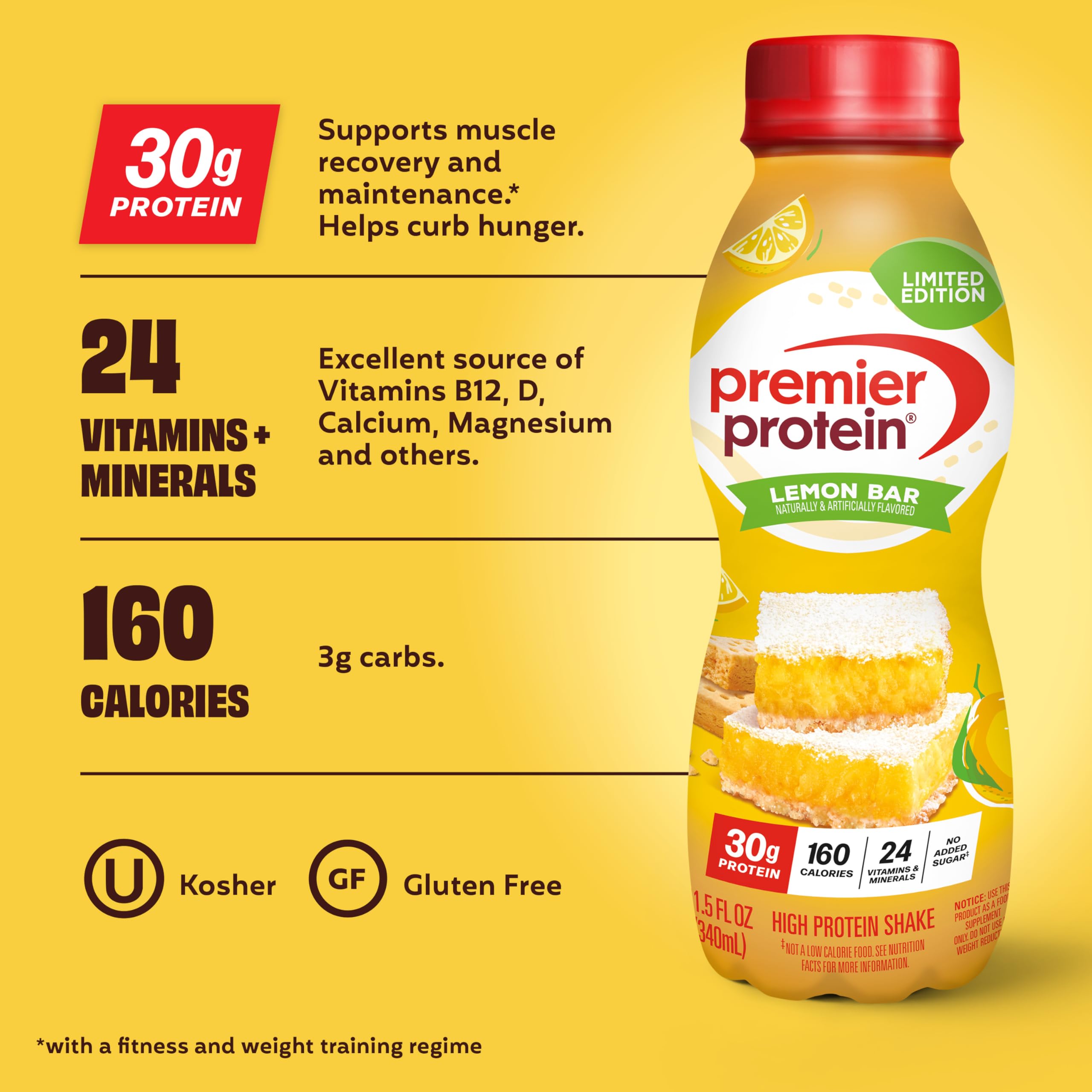 Pouring Premier Protein Lemon Bar for a quick on-the-go breakfast