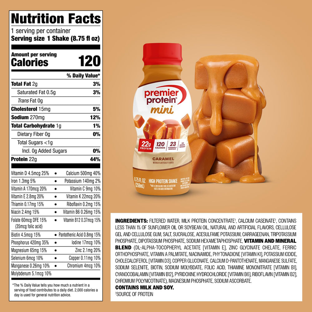 Premier Protein Mini caramel closeup reveals creamy texture and indulgent flavor