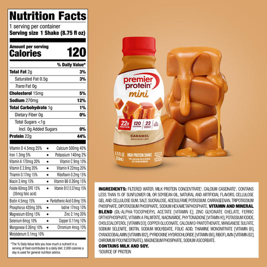 Premier Protein Mini caramel closeup reveals creamy texture and indulgent flavor