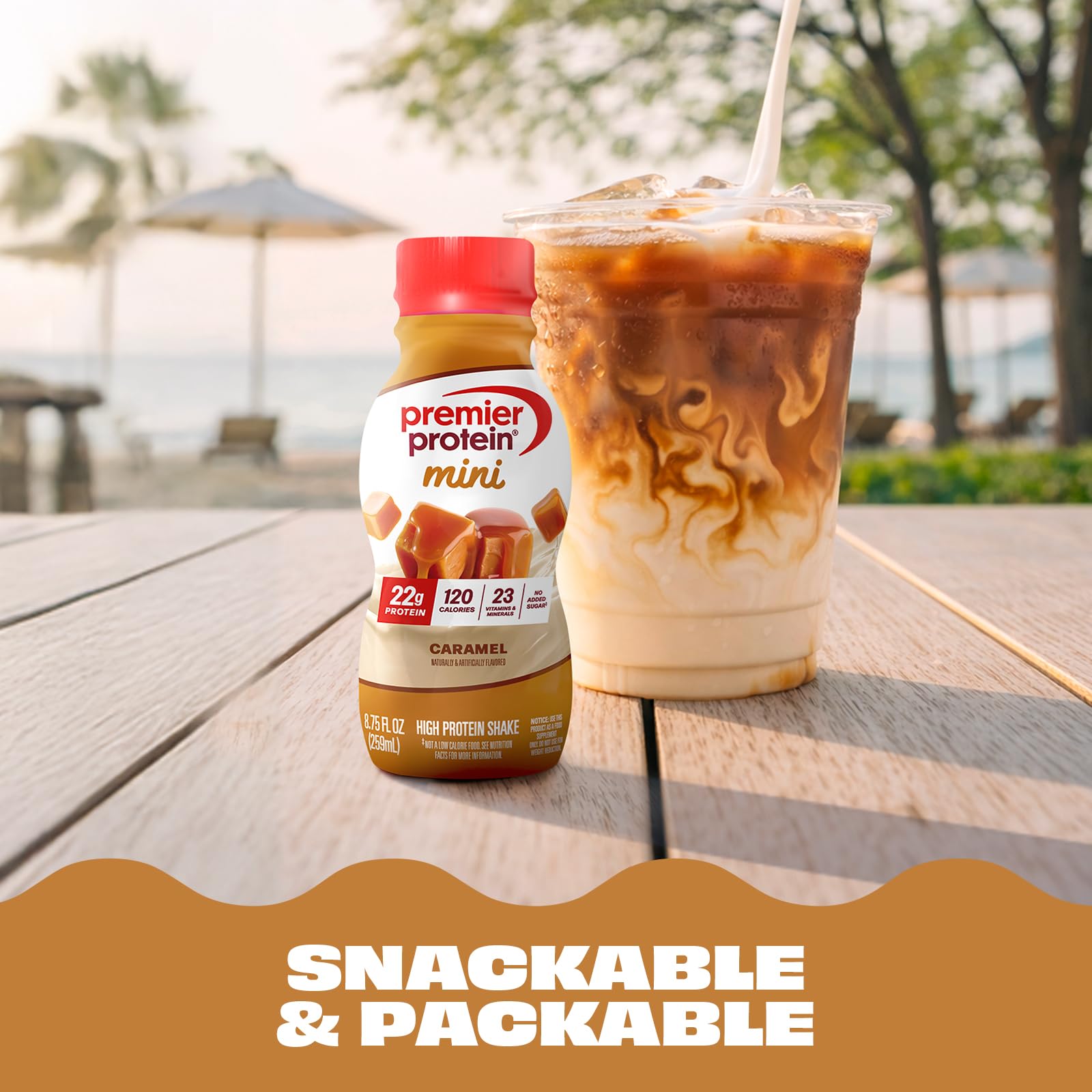 Premier Protein Mini bottle label view highlights 23 vitamins and minerals