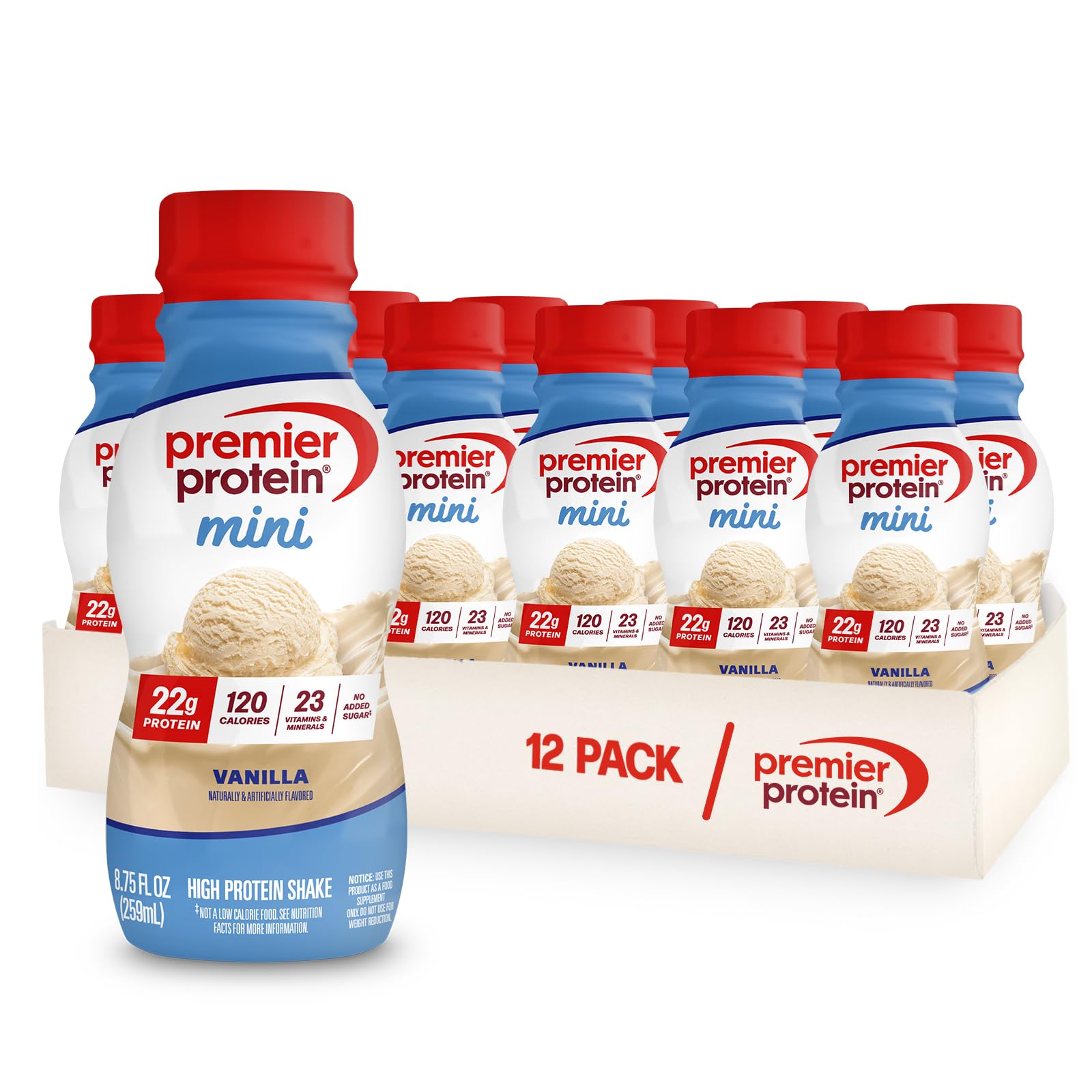 Premier Protein Minis Vanilla bottle on the go for a quick protein boost
