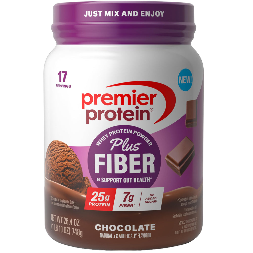 Premier Protein Plus Fiber chocolate tub front shows protein and fiber for daily energy