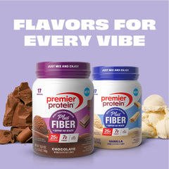 Premier Protein Plus Fiber ingredient panel emphasizes fiber and protein balance