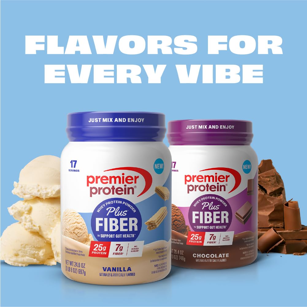 Nutrition label of Premier Protein Plus Fiber highlighting fiber and protein info.
