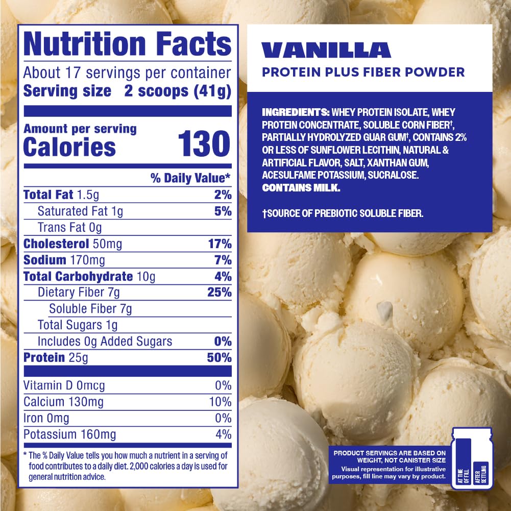 Vanilla Premier Protein Plus Fiber measuring cup beside powder scoop.