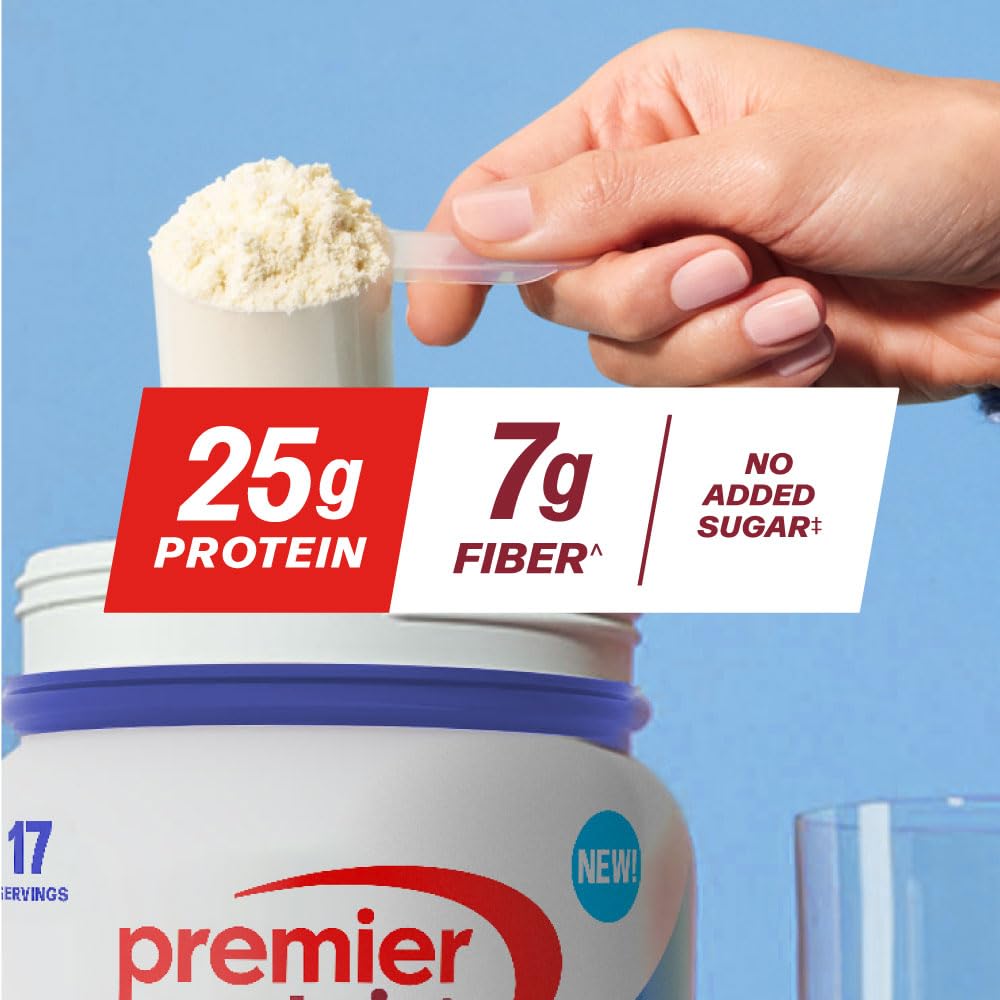 Premier Protein Plus Fiber vanilla powder tub with scoop ready for measurement.