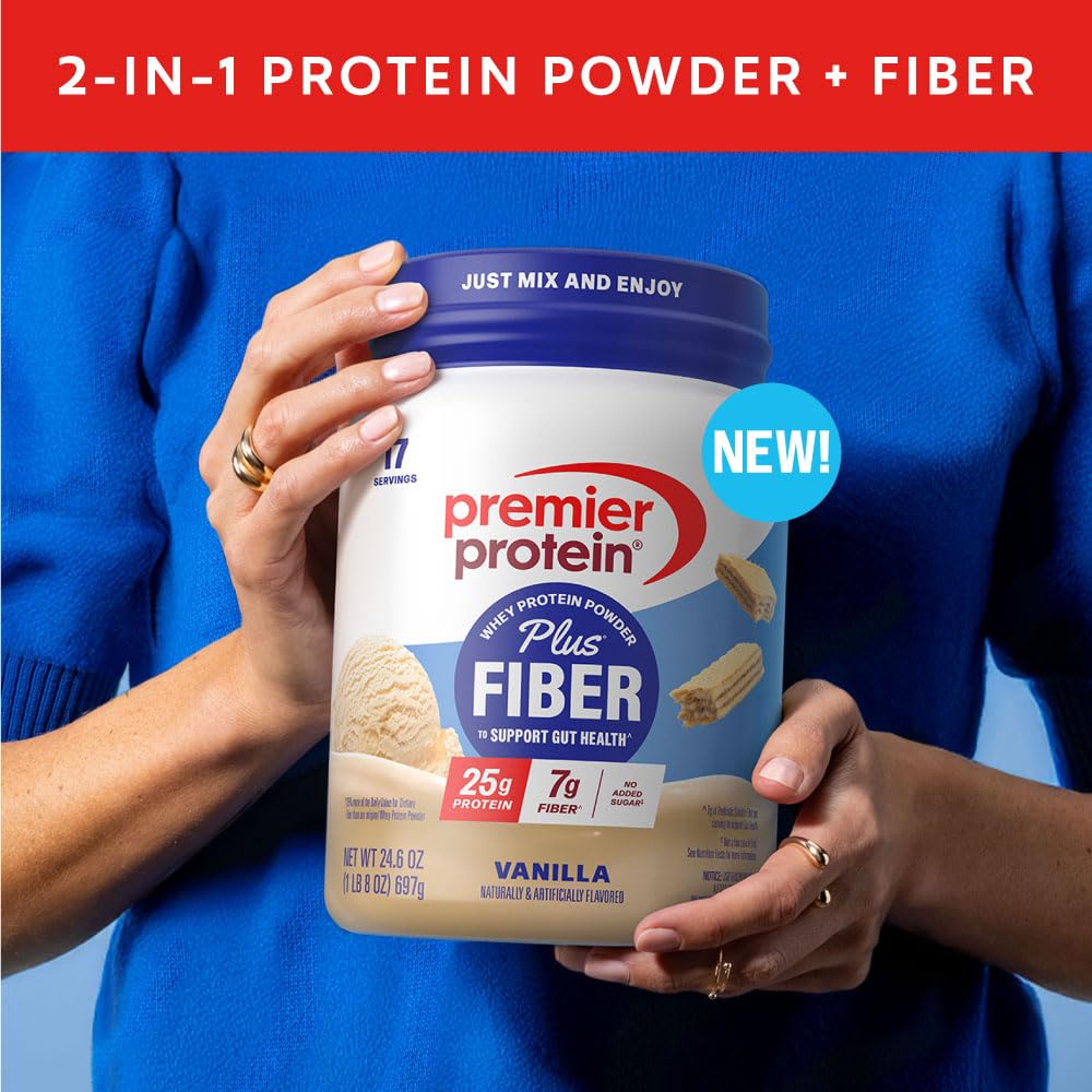 Vanilla shake glass with Premier Protein Plus Fiber, highlighting quick mix and satisfying texture.
