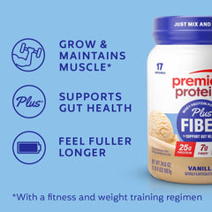 Vanilla Premier Protein Plus Fiber smoothie bottle showing versatile mix-in idea.