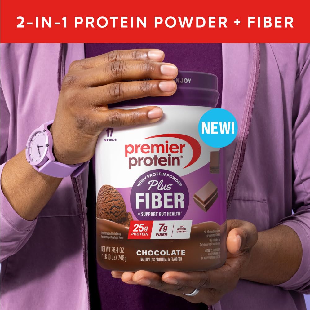 Premier Protein Plus Fiber vanilla tub front highlights versatile nutrition for mornings
