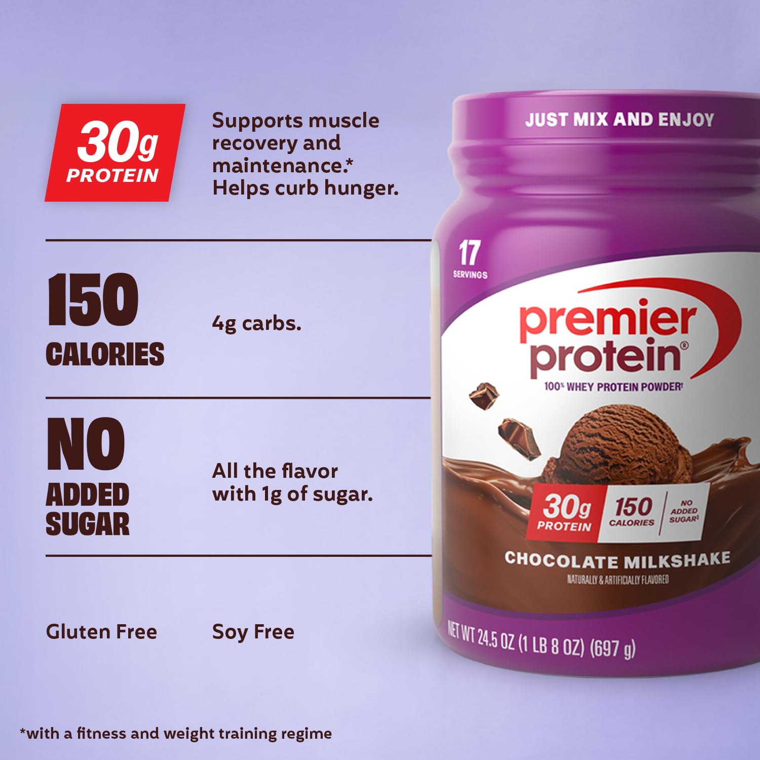 Nutrition panel highlights 1g sugar and 3g carbs on Premier Protein