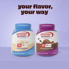 Creamy chocolate Premier Protein shake poured over ice