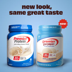 Gluten-free, soy-free Premier Protein Vanilla Milkshake powder suitable for diverse diets.