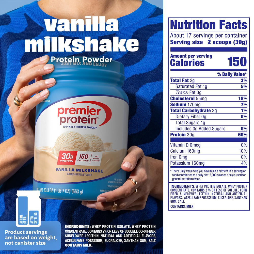 Nutrition label on Premier Protein Vanilla Milkshake shows 30g protein per serving.