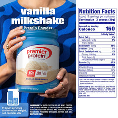 Nutrition label on Premier Protein Vanilla Milkshake shows 30g protein per serving.