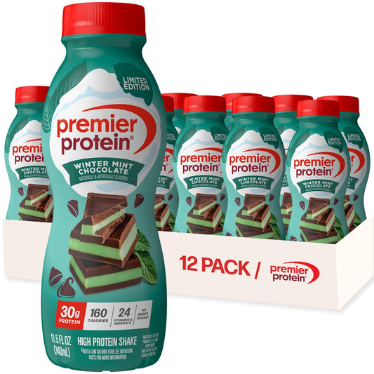 Premier Protein Winter Mint Chocolate bottle showing 30g protein and 1g sugar per serving