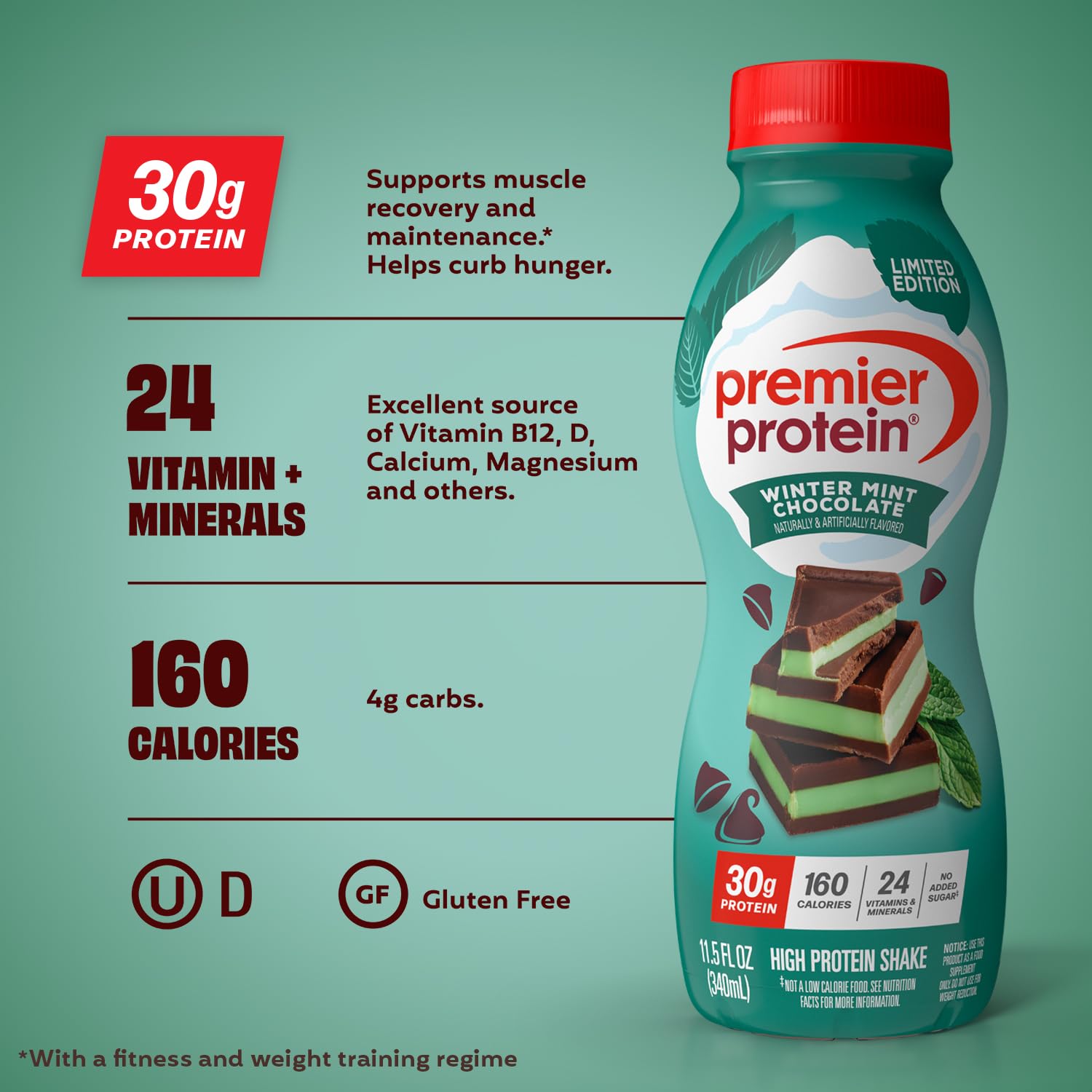 Premier Protein Winter Mint Chocolate close-up highlighting creamy texture and flavor