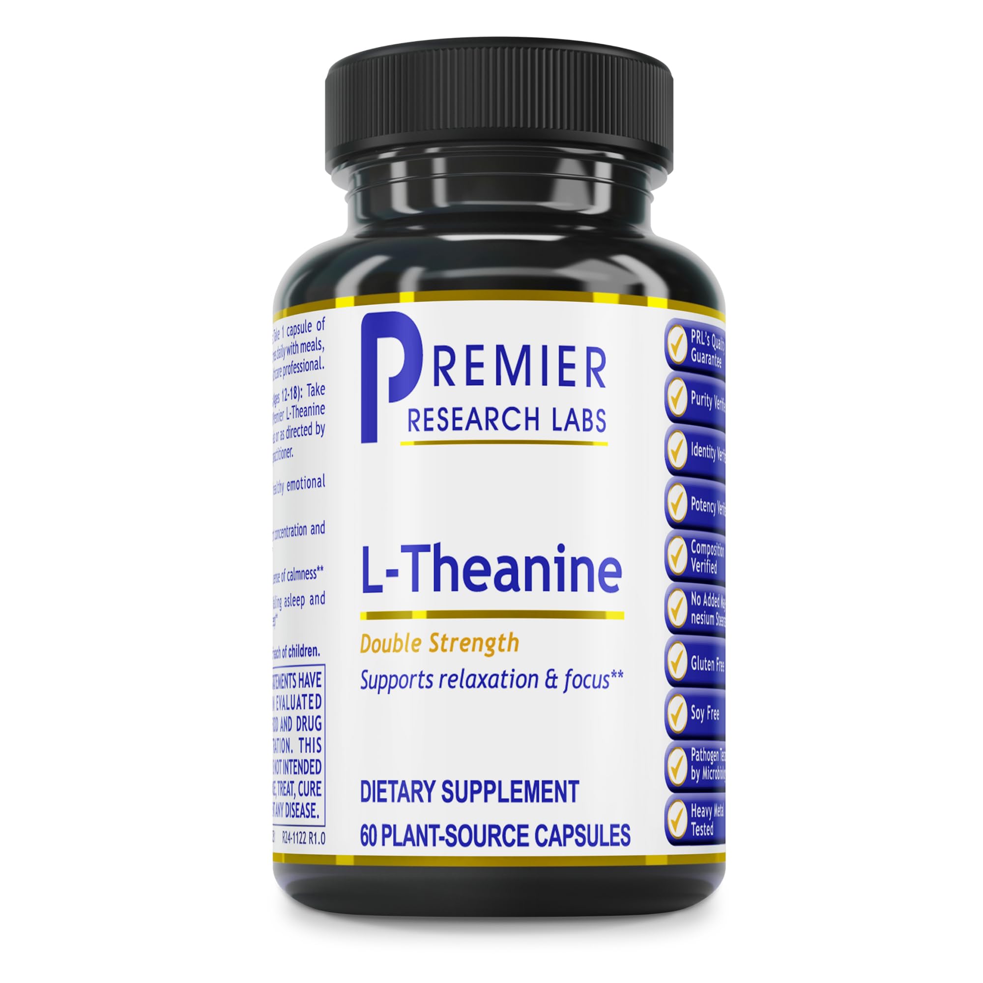 Premier Research Labs L-Theanine Double Strength bottle front promoting calm focus
