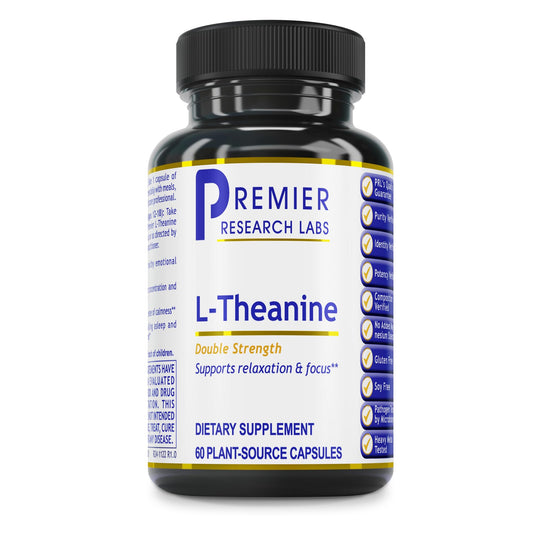 Premier Research Labs L-Theanine Double Strength bottle front promoting calm focus