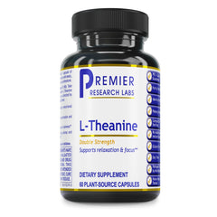 Premier Research Labs L-Theanine Double Strength bottle front promoting calm focus
