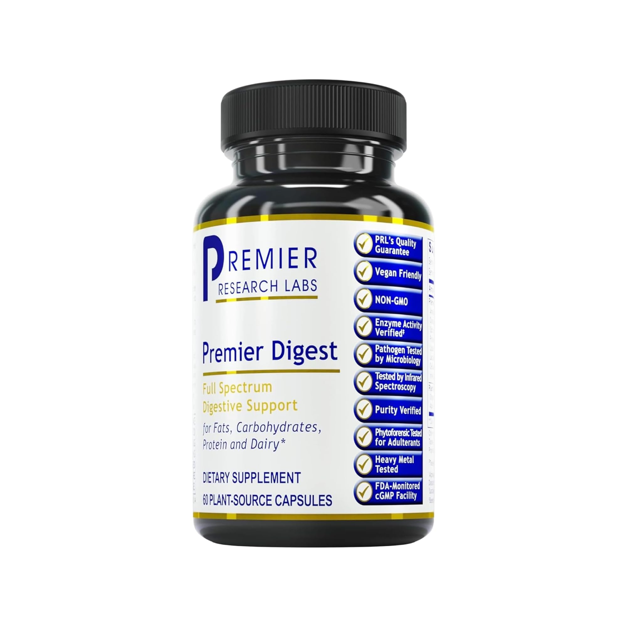 Premier Research Labs Active Digestive Enzymes bottle close-up showing plant-based capsules for full-spectrum digestion.