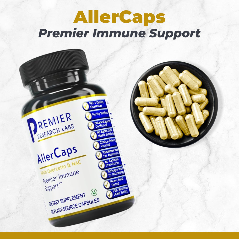 AllerCaps capsules close-up highlighting NAC and bromelain ingredients.