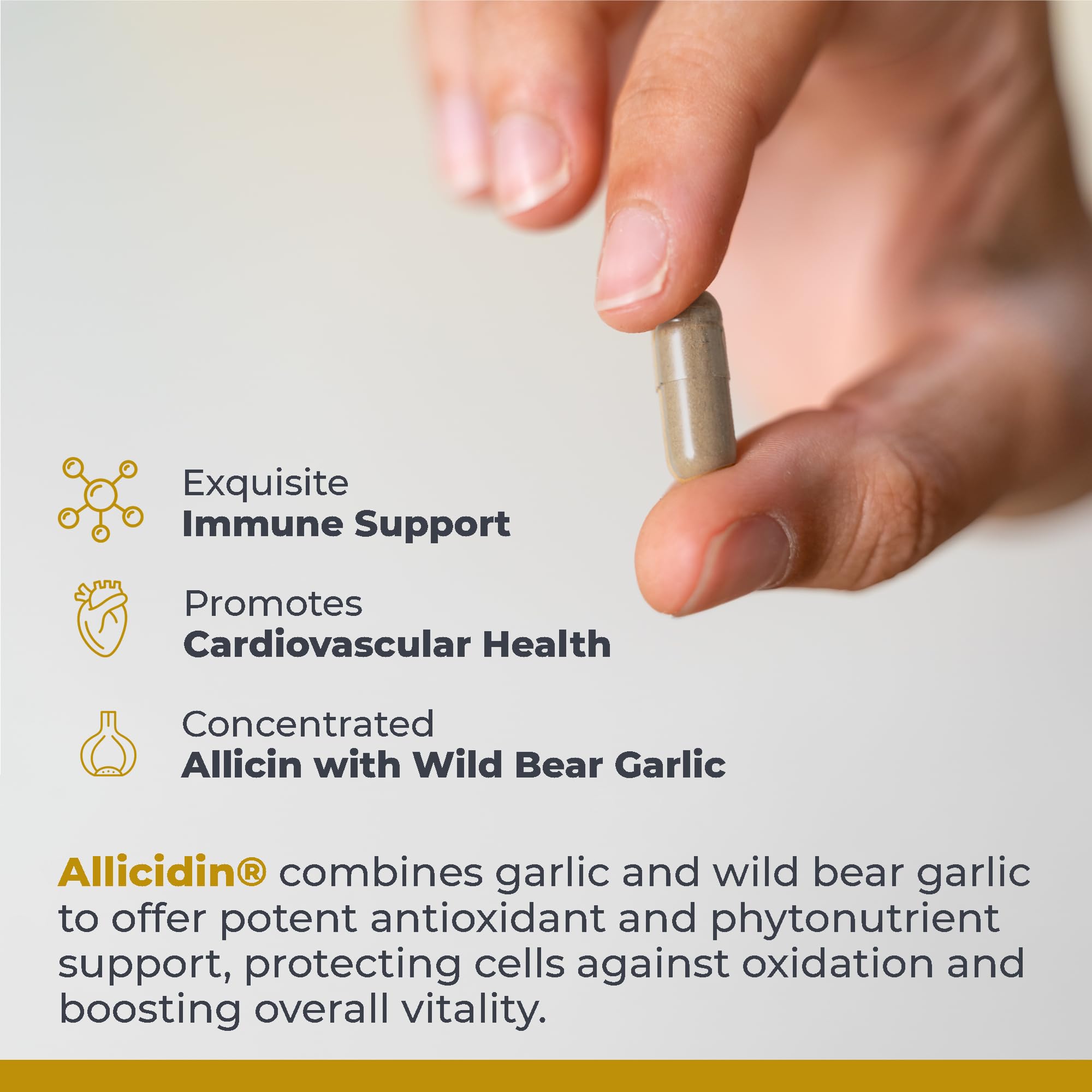 Allicidin packaging showcasing sustainable sourcing and premium quality.