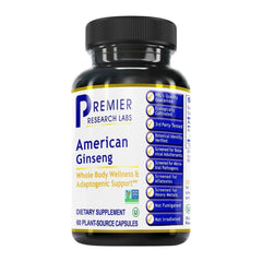 Premier Research Labs American Ginseng capsules in bottle promote calm energy.