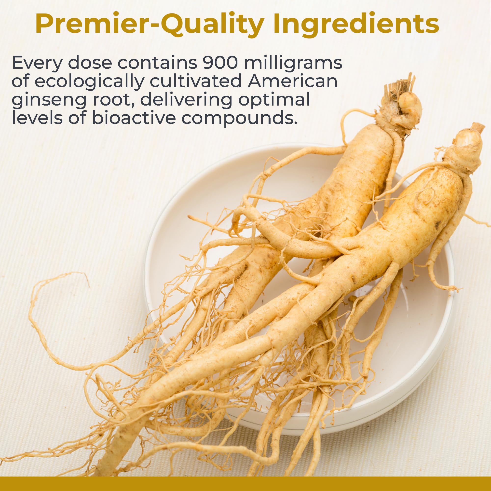 Premier Research Labs American Ginseng root extract highlights traditional herb and vitality.
