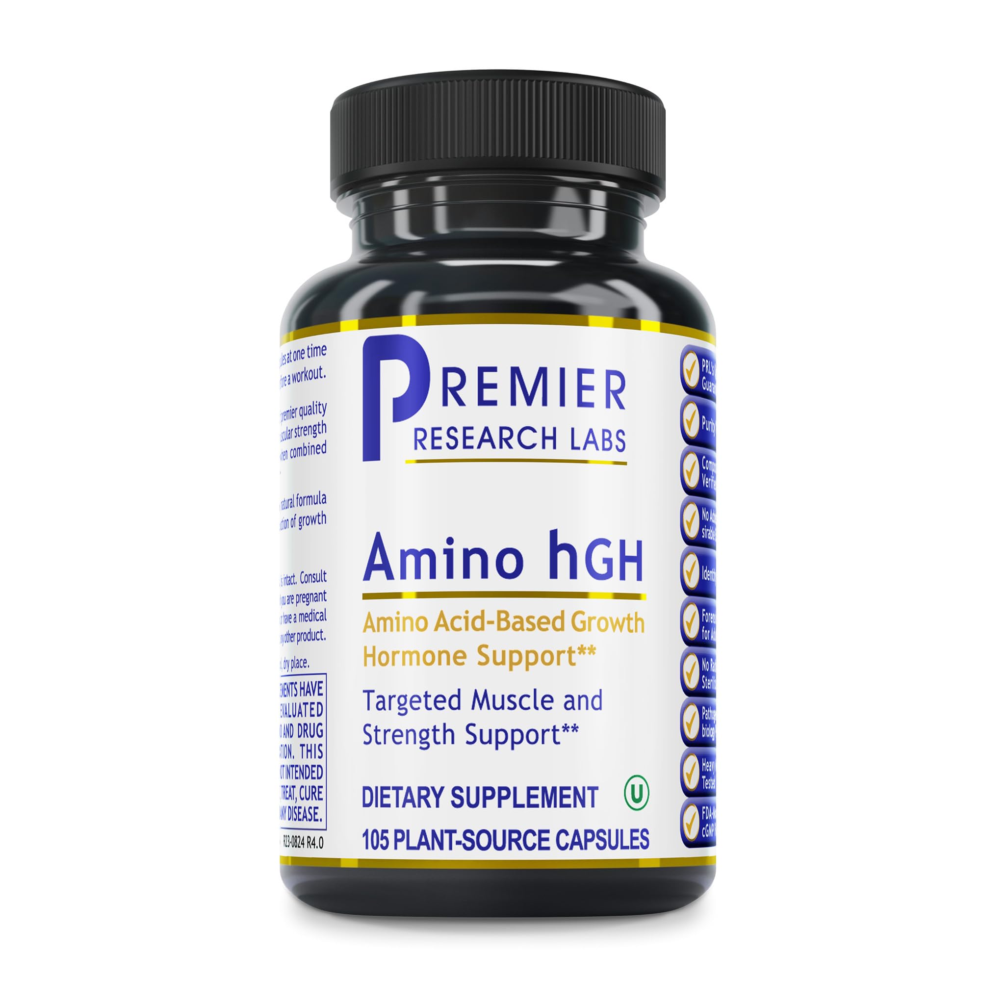 Premier Research Labs Amino HGH bottle showing convenient capsules for daily muscle-focused support